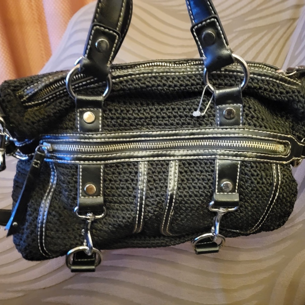 Vintage The Sak black crochet and leather purse